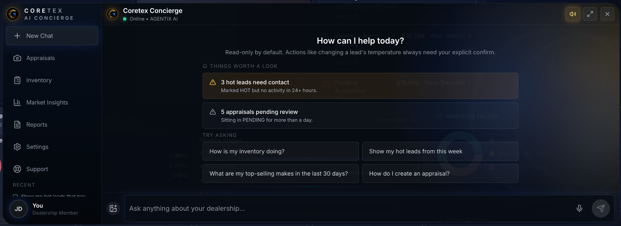 CORETEX Concierge interface showing dealership alerts and suggested questions