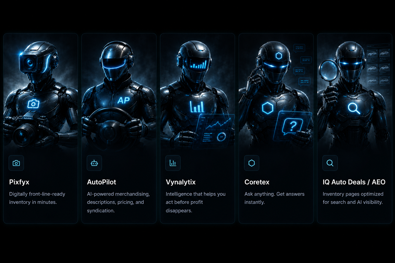The five Dealer Agentix agents — Pixfyx, AutoPilot, Vynalytix, Coretex, and IQ Auto Deals.